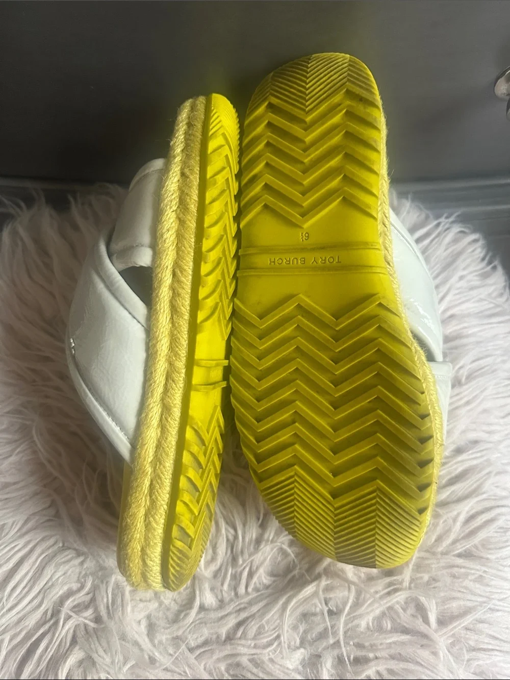 Tory Burch White Patent Crisscross Slide Sandals with Yellow Footbed